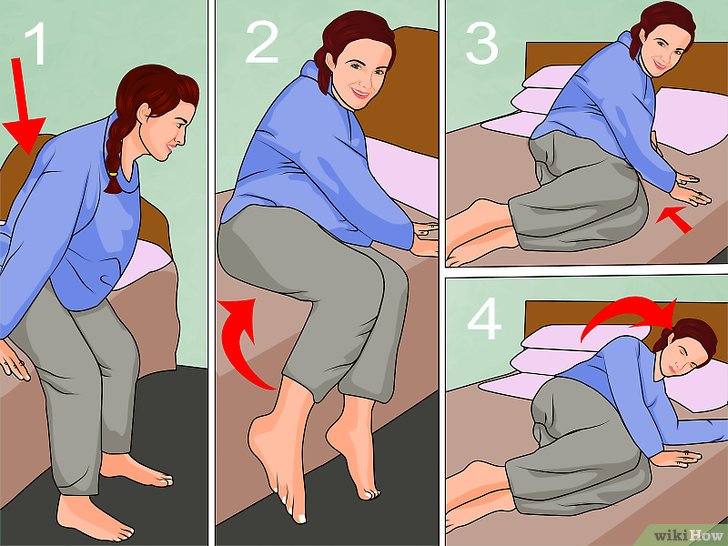 1,小心缓慢地躺下在靠近床头的位置坐下尽量把身体挪至床中央